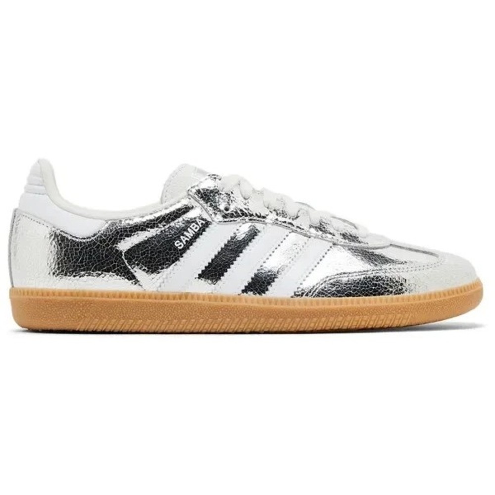 Mens Size 12 adidas Samba OG Silver Metallic Cracked Leather Shoes JR0035 NEW